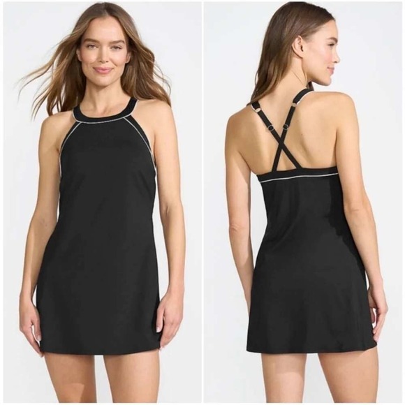 Lands' End Other - Lands' End Swim Dress High Neck Black White Sz 10 Modest Beach Swimwear Athletic